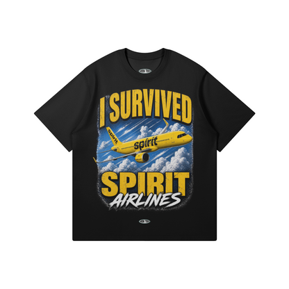 I Survived Spirit Airlines funny travel t-shirt with yellow airplane graphic on black tee