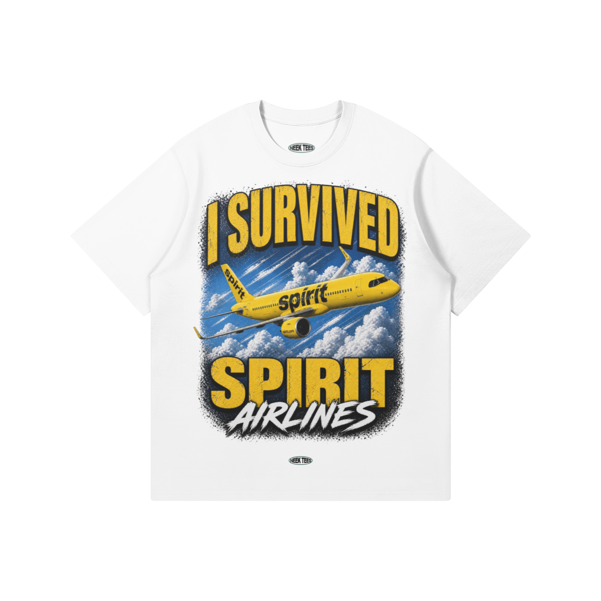 White t-shirt with 'I Survived Spirit Airlines' graphic featuring a yellow airplane on a white background